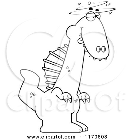 Cartoon Clipart Of A Drunk or Dumb Spinosaurus Dinosaur - Vector Outlined Coloring Page by Cory Thoman