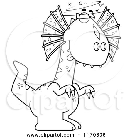 Cartoon Clipart Of A Drunk or Dumb Dilophosaurus Dinosaur - Vector Outlined Coloring Page by Cory Thoman