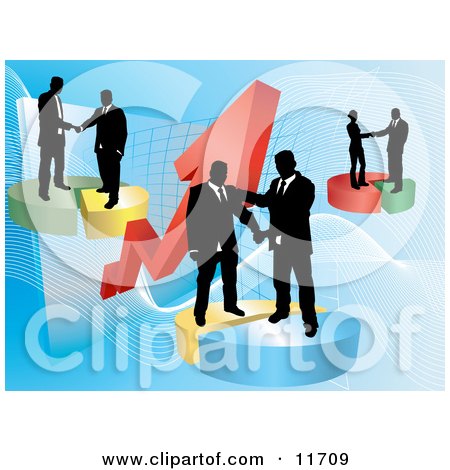 Groups of Businessmen Shaking Hands on Deals on Pie Charts, Increasing Revenue for the Company Clipart Illustration by AtStockIllustration