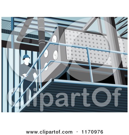 Clipart of a Factory Worker on a Platform - Royalty Free Vector Illustration by David Rey