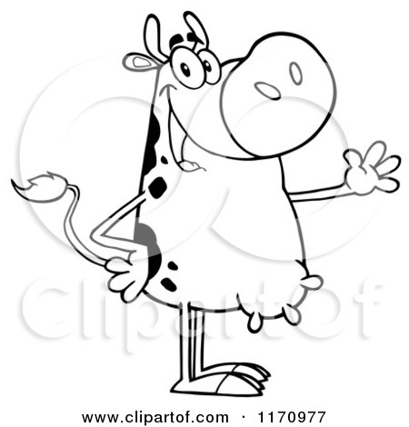 Cartoon of an Outlined Happy Cow Standing and Waving - Royalty Free Vector Clipart by Hit Toon