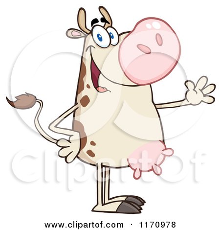 Cartoon of a Happy Cow Standing and Waving - Royalty Free Vector Clipart by Hit Toon
