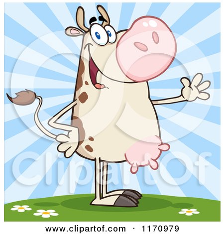 Cartoon of a Happy Cow Standing and Waving Against Blue Rays - Royalty Free Vector Clipart by Hit Toon
