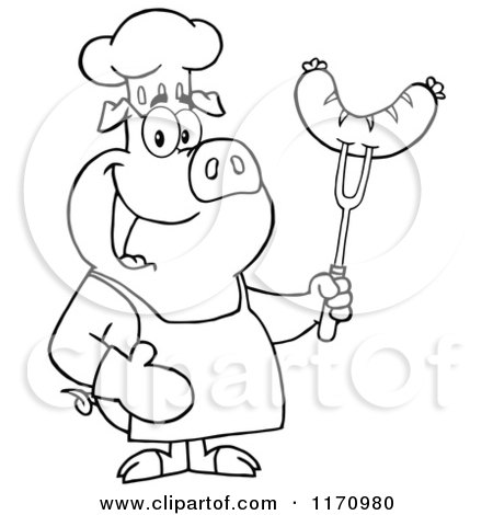 Cartoon of an Outlined Chef Pig Holding a Sausage on a Bbq Fork - Royalty Free Vector Clipart by Hit Toon