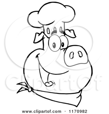 Cartoon of an Outlined Chef Pig Wearing a Hat - Royalty Free Vector Clipart by Hit Toon