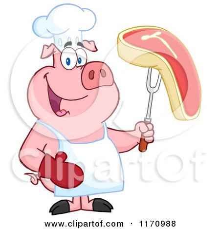 Cartoon of a Chef Pig Holding a Beef Steak on a Bbq Fork - Royalty Free Vector Clipart by Hit Toon