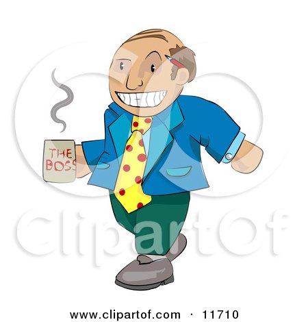 Balding Boss Man in Mismatched Clothing Carrying a Cup of Coffee Clipart Illustration by AtStockIllustration