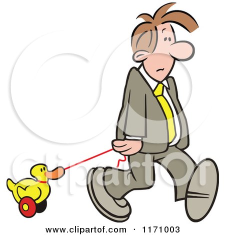 Cartoon of a Businessman Pulling a Duck Toy - Royalty Free Vector Clipart by Johnny Sajem