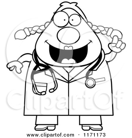 Cartoon Clipart Of A Smart Female Surgeon Doctor or Veterinarian with an Idea - Vector Outlined Coloring Page by Cory Thoman