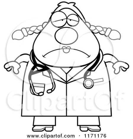 Cartoon Clipart Of A Depressed Female Surgeon Doctor or Veterinarian - Vector Outlined Coloring Page by Cory Thoman