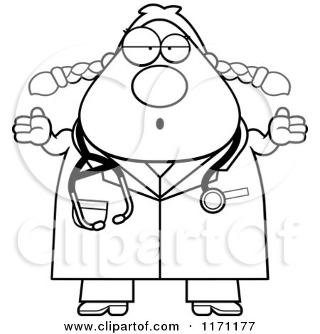 Cartoon Clipart Of A Careless Shrugging Female Surgeon Doctor or Veterinarian - Vector Outlined Coloring Page by Cory Thoman
