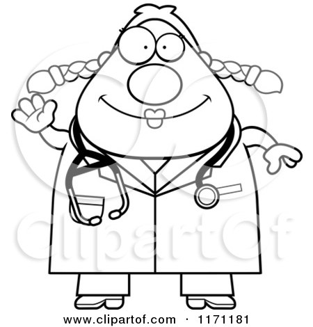 Cartoon Clipart Of A Waving Female Surgeon Doctor or Veterinarian - Vector Outlined Coloring Page by Cory Thoman