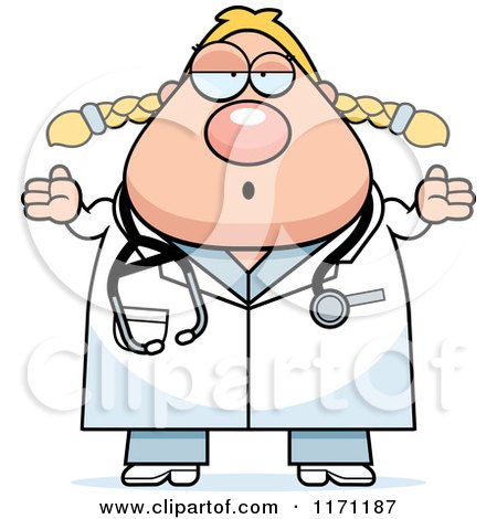 Cartoon of a Careless Shrugging Female Surgeon Doctor or Veterinarian - Royalty Free Vector Clipart by Cory Thoman