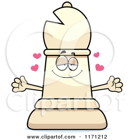Cartoon of a Loving White Chess Bishop Piece Wanting a Hug - Royalty Free Vector Clipart by Cory Thoman