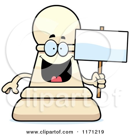 Cartoon of a Happy White Chess Pawn Mascot Holding a Sign - Royalty Free Vector Clipart by Cory Thoman