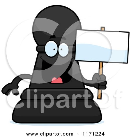 Cartoon of a Happy Black Chess Pawn Mascot Holding a Sign - Royalty Free Vector Clipart by Cory Thoman