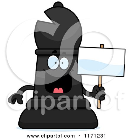 Cartoon of a Happy Black Chess Bishop Piece Holding a Sign - Royalty Free Vector Clipart by Cory Thoman