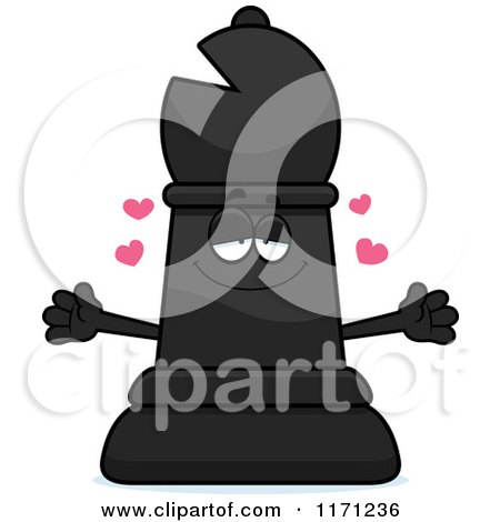 Cartoon of a Loving Black Chess Bishop Piece Wanting a Hug - Royalty Free Vector Clipart by Cory Thoman