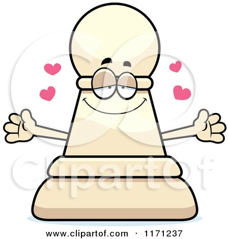 Cartoon of a Loving White Chess Pawn Mascot Wanting a Hug - Royalty Free Vector Clipart by Cory Thoman