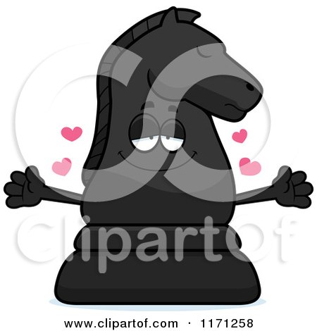 Cartoon of a Loving Black Chess Knight Mascot Wanting a Hug - Royalty Free Vector Clipart by Cory Thoman