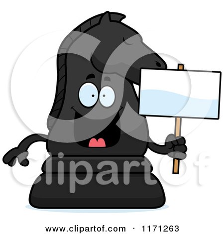 Cartoon of a Happy Black Chess Knight Mascot Holding a Sign - Royalty Free Vector Clipart by Cory Thoman