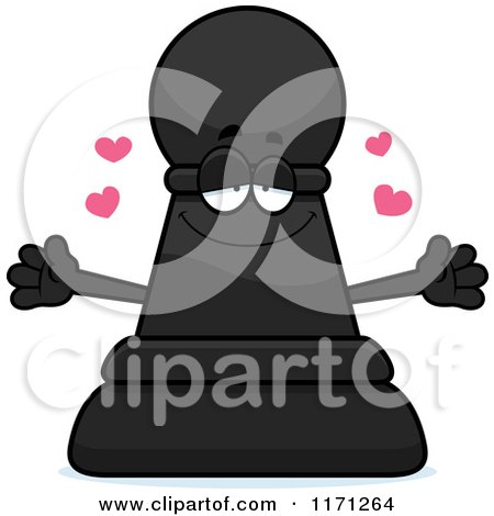 Cartoon of a Loving Black Chess Pawn Mascot Wanting a Hug - Royalty Free Vector Clipart by Cory Thoman