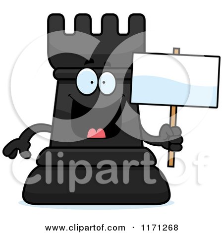 Cartoon of a Happy Black Chess Rook Mascot Holding a Sign - Royalty Free Vector Clipart by Cory Thoman