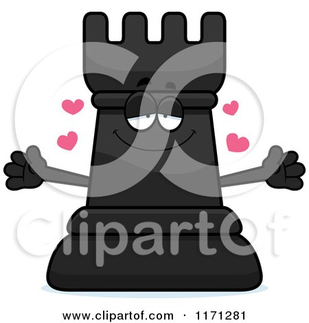 Cartoon of a Loving Black Chess Rook Mascot Wanting a Hug - Royalty Free Vector Clipart by Cory Thoman