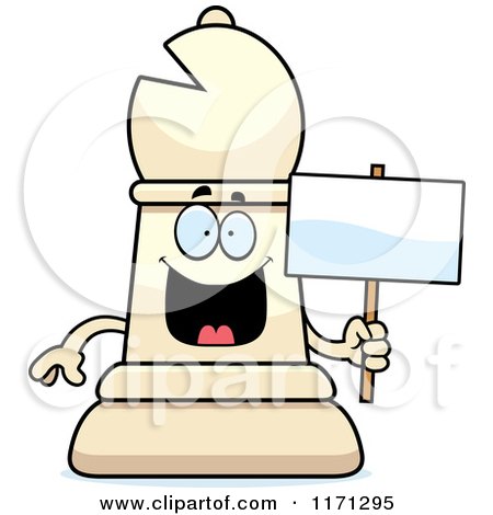 Cartoon of a Happy White Chess Bishop Piece Holding a Sign - Royalty Free Vector Clipart by Cory Thoman