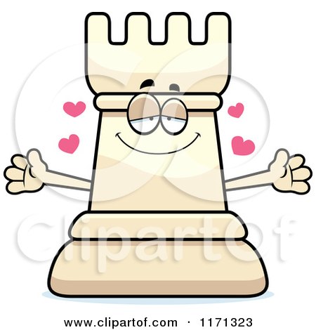 Cartoon of a Loving White Chess Rook Mascot Wanting a Hug - Royalty Free Vector Clipart by Cory Thoman
