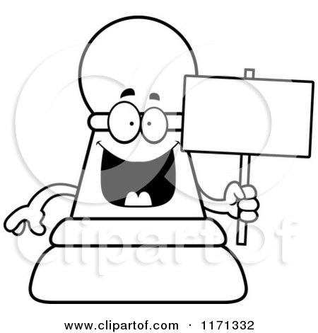 Cartoon Clipart Of A Happy Black Chess Pawn Mascot Holding a Sign - Vector Outlined Coloring Page by Cory Thoman