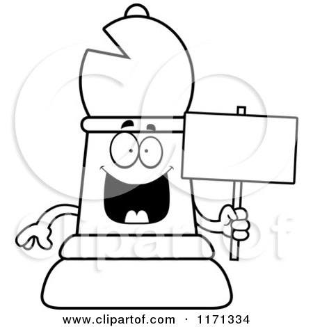 Cartoon Clipart Of A Happy Black Chess Bishop Piece Holding a Sign - Vector Outlined Coloring Page by Cory Thoman