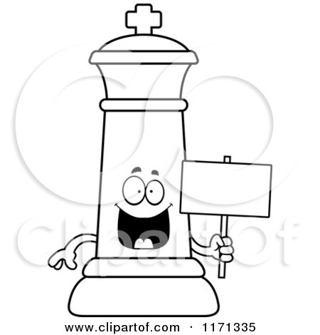 Cartoon Clipart Of A Happy Black Chess King Holding a Sign - Vector Outlined Coloring Page by Cory Thoman