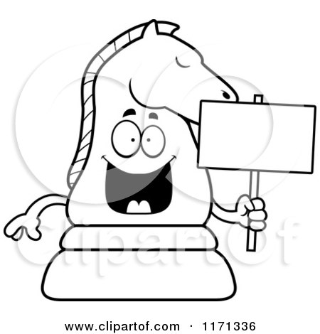 Cartoon Clipart Of A Happy Black Chess Knight Mascot Holding a Sign - Vector Outlined Coloring Page by Cory Thoman