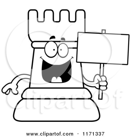 Cartoon Clipart Of A Happy Black Chess Rook Mascot Holding a Sign - Vector Outlined Coloring Page by Cory Thoman