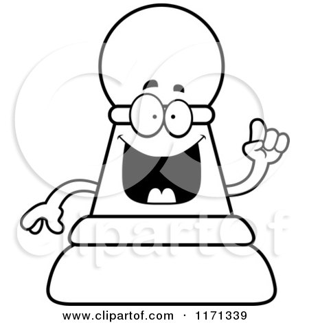 Cartoon Clipart Of A Smart Black Chess Pawn Mascot with an Idea - Vector Outlined Coloring Page by Cory Thoman