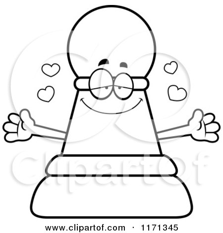 Cartoon Clipart Of A Loving Black Chess Pawn Mascot Wanting a Hug - Vector Outlined Coloring Page by Cory Thoman