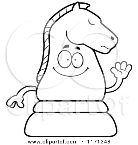 Cartoon Clipart Of A Waving Black Chess Knight Mascot - Vector Outlined Coloring Page by Cory Thoman