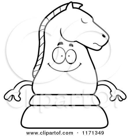 Cartoon Clipart Of A Happy Black Chess Knight Mascot - Vector Outlined Coloring Page by Cory Thoman