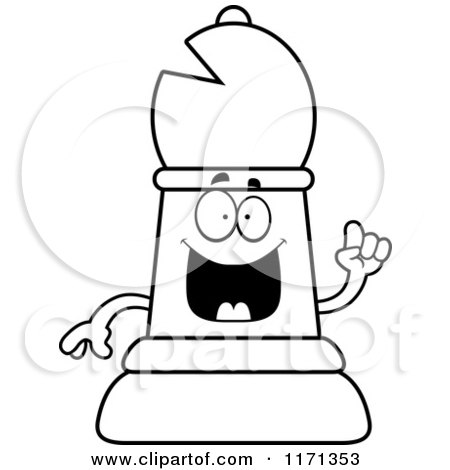 Cartoon Clipart Of A Smart Black Chess Bishop Piece with an Idea - Vector Outlined Coloring Page by Cory Thoman