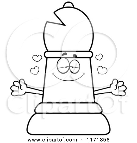 Cartoon Clipart Of A Loving Black Chess Bishop Piece Wanting a Hug - Vector Outlined Coloring Page by Cory Thoman