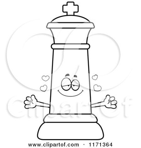 Cartoon Clipart Of A Loving Black Chess King Wanting a Hug - Vector Outlined Coloring Page by Cory Thoman