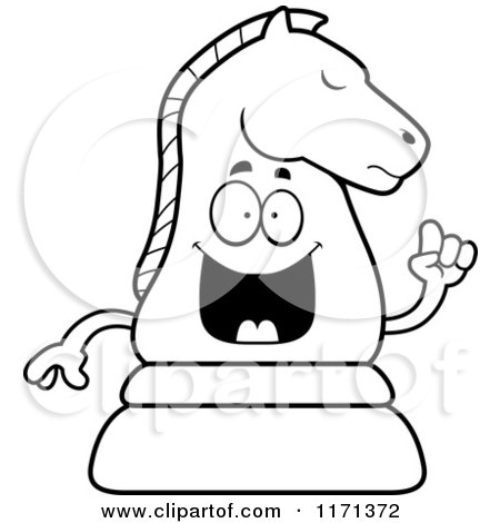 Cartoon Clipart Of A Smart Black Chess Knight Mascot with an Idea - Vector Outlined Coloring Page by Cory Thoman