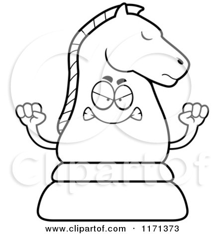 Cartoon Clipart Of A Mad Black Chess Knight Mascot - Vector Outlined Coloring Page by Cory Thoman