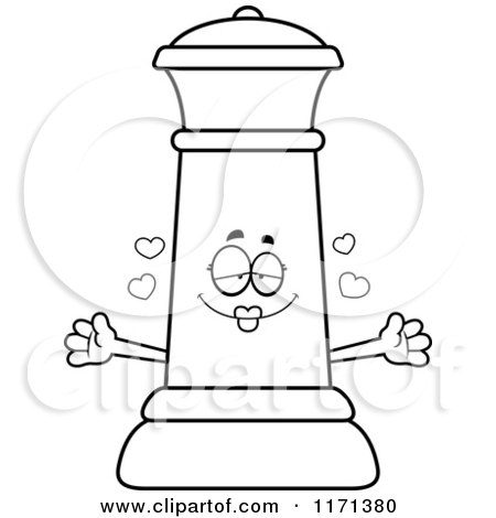 Cartoon Clipart Of A Loving Black Chess Queen Mascot Wanting a Hug - Vector Outlined Coloring Page by Cory Thoman