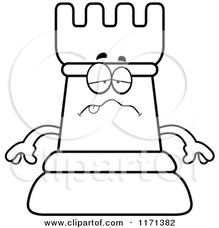 Cartoon Clipart Of A Sick Black Chess Rook Mascot - Vector Outlined Coloring Page by Cory Thoman
