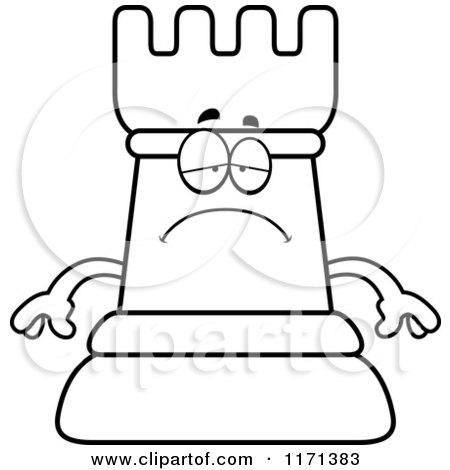 Cartoon Clipart Of A Depressed Black Chess Rook Mascot - Vector Outlined Coloring Page by Cory Thoman