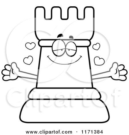 Cartoon Clipart Of A Loving Black Chess Rook Mascot Wanting a Hug - Vector Outlined Coloring Page by Cory Thoman