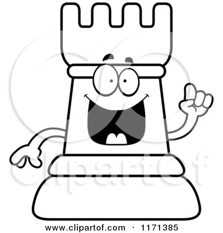 Cartoon Clipart Of A Smart Black Chess Rook Mascot with an Idea - Vector Outlined Coloring Page by Cory Thoman