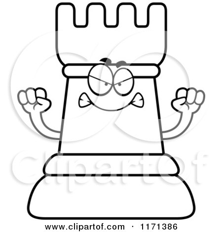 Cartoon Clipart Of A Mad Black Chess Rook Mascot - Vector Outlined Coloring Page by Cory Thoman